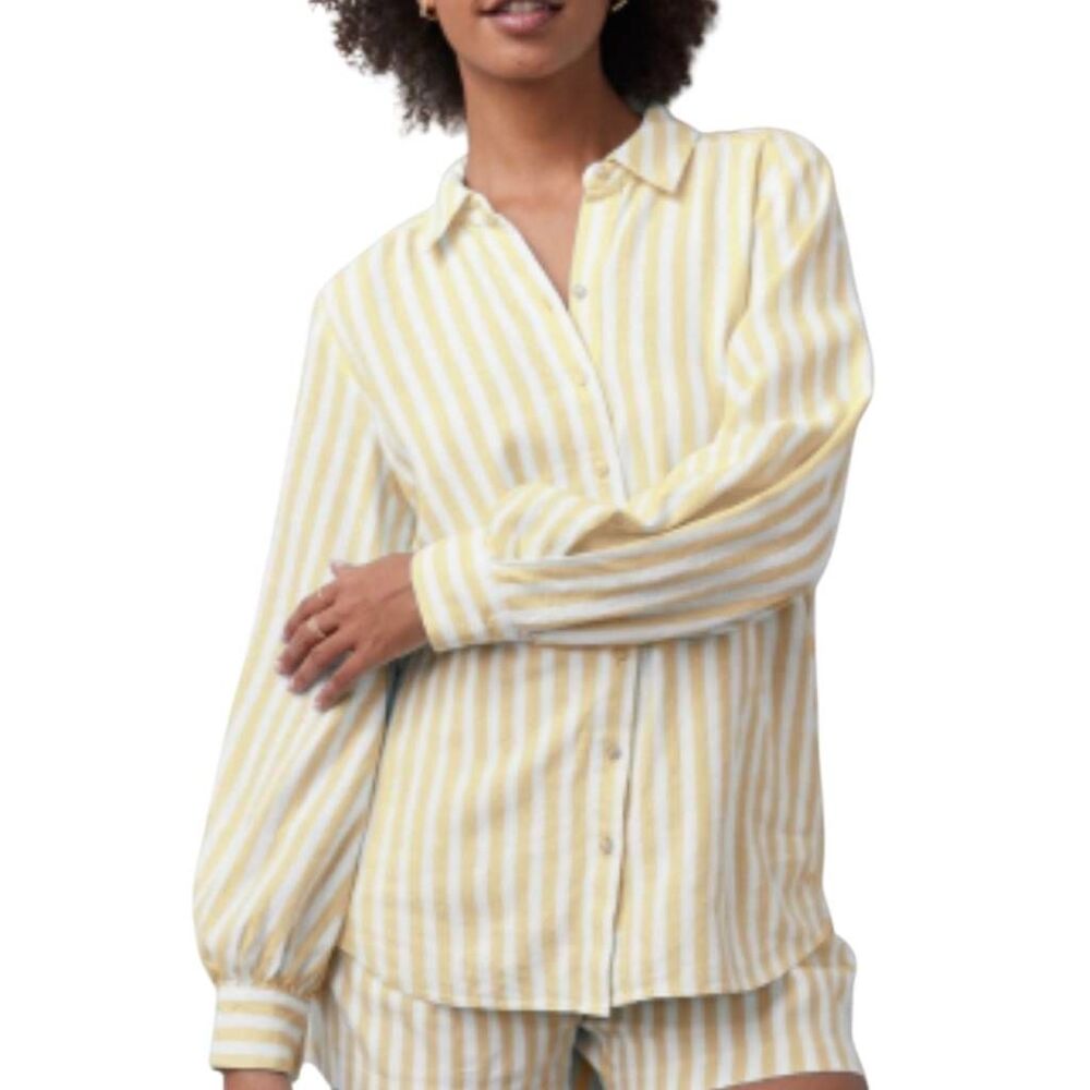 LC Lauren Conrad Linen Blend Yellow/White Stripe Button Down Shirt Sz XXL